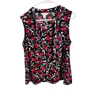 Liz Claiborne‎ Women Black Pink Floral Sleeveless Tie Neck Blouse Top Plus Size
